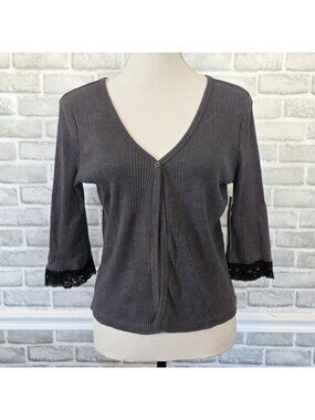 City Unlimited Gray Ribbed Knit Cardigan XL NWT Whimsigoth Lace Sleeve Romantic
